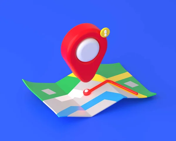 3D渲染红色位置针在地图上的路线蓝色背景 Gps方向符号 导航图标 旅行定位器指针或位置点元素目标标记标记 — 图库照片