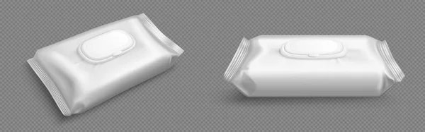 Nasswischverpackung Antibakterielle Servietten Plastikpackschablone Leere Weiße Box Front Und Winkelansicht — Stockvektor