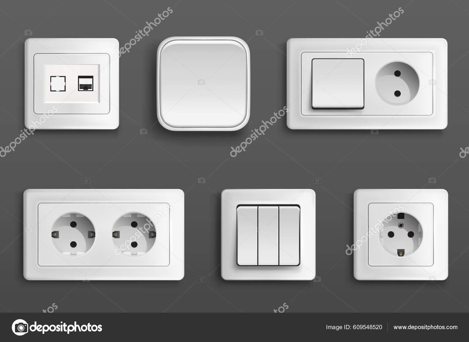 Enchufes Eléctricos Interruptores Pared Conjunto Realista Vectorial  Diferentes Tipos Conmutadores Vector de stock por ©klyaksun 609548520