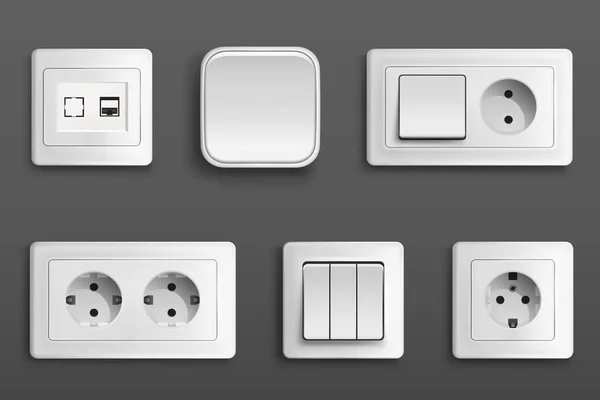Electric Sockets Switches Wall Vector Realistic Set Different Types Toggles — Stock Vector