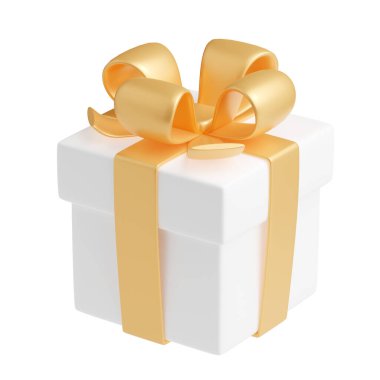 3 boyutlu hediye paketi ve altın kurdele. Beyaz arka planda pastel parlak fiyonklu kapalı paket. Tatil sürprizi, doğum günü hediyesi, Noel, düğün, gerçekçi illüstrasyon açısı