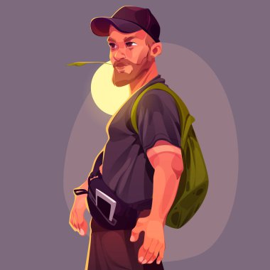 Sırt çantası ve ağzında saman olan olgun bir adam. Çizgi film karakteri portresi, sakallı, düşünceli adam günlük kıyafetler, kep, çantalı telefon ve sırt çantası, gezgin ya da vatandaş, vektör çizimi.