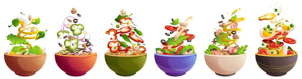 Tigelas Com Salada Comida Saudável Com Legumes Conjunto Desenhos Animados — Vetor de Stock