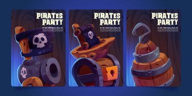 Korsan parti posterleri, eski ahşap sandıklı davetiye ilanları, kafataslı siyah bayrak, kanca, fıçı, gemi ve top, karikatür resimli vektör pankartları.