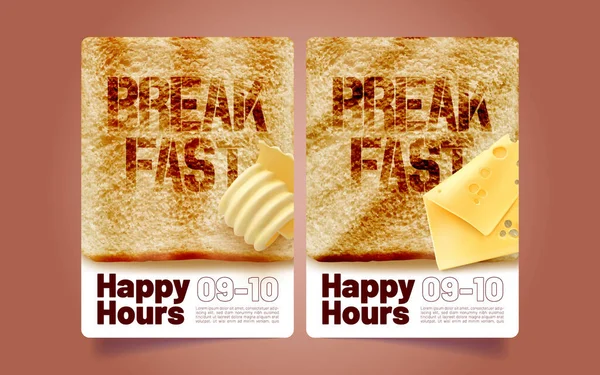 Happy Hours Banner Templates Set Ilustración Vectorial Realista Pan Tostado — Vector de stock