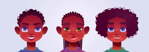 黒の少年のアバター 若い男性の文字の顔 巻き毛やドレッドロック 青や緑の目を持つアフリカ系アメリカ人の10代 ソーシャルネットワークのための10代の肖像画 漫画のベクトルイラスト — ストックベクタ