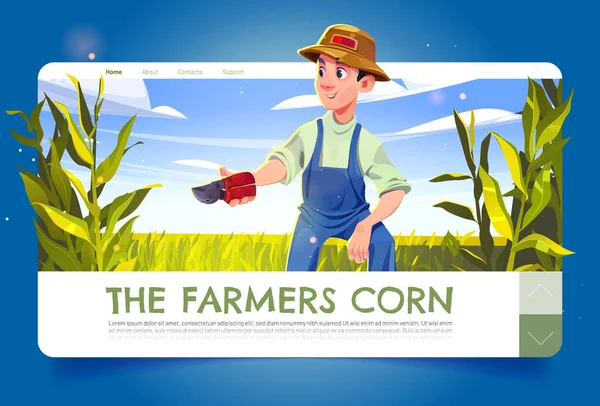 Farmers Corn Cartoon Landing Page Trabalhador Com Poda Campo Milho — Vetor de Stock