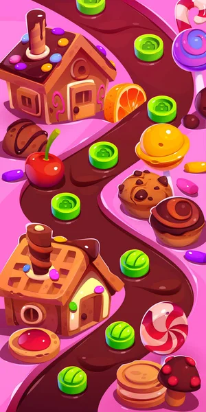 Candy Πλανήτη Παιχνίδι Επίπεδο Χάρτη Γελοιογραφία Τοπίο Φαντασίας Γλυκά Επιδόρπια — Διανυσματικό Αρχείο