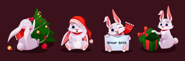 Niedliche Weihnachtskaninchen Cartoon Neujahr Hasen Zeichen Gesetzt Lustige Tierfigur Weihnachtsmütze — Stockvektor