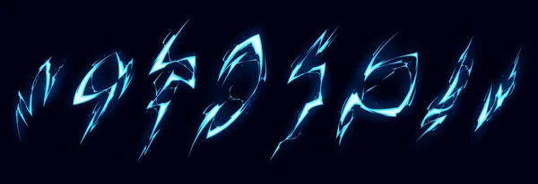 青い雷 黒い背景に隔離された電気ストライキ 火花放電効果や魔法のネオンライトフレア ベクトル漫画のイラスト — ストックベクタ