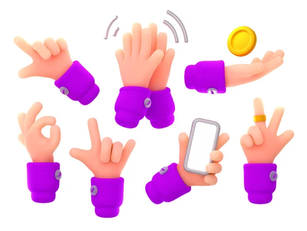 手のジェスチャー 勝利のシンボル Okと岩 人間の腕の拍手 携帯電話と金のコイン ポイント方向 白い背景に隔離された3Dレンダリングイラスト — ストック写真