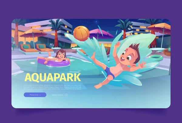 Aquapark Cartoon Landing Page Template Vector Illustration Happy Little Boy — Stock Vector