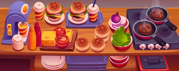 Hamburgerli Fast Food Restoranı Mutfağı Tavalı Soba Tabaklar Tepsiler Ürünler — Stok Vektör