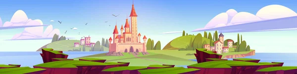 風景夏の背景で中世の城や町の建物と地中海の風景 海に囲まれた緑の島の宮殿やコテージを持つおとぎ話の王国漫画のベクトルイラスト — ストックベクタ