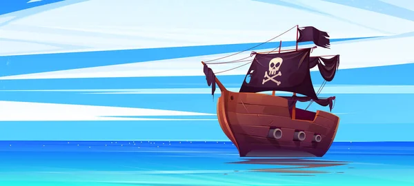 Barco Pirata Con Bandera Negra Alegre Jolly Roger Velas Acorazado — Vector de stock