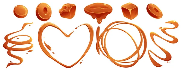 Bonbons Caramel Éclaboussures Coulées Caramel Liquide Ensemble Dessins Animés Vectoriels — Image vectorielle