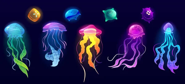 Medusas Animais Subaquáticos Peixes Geleia Coloridos Criaturas Oceânicas Profundas Com —  Vetores de Stock