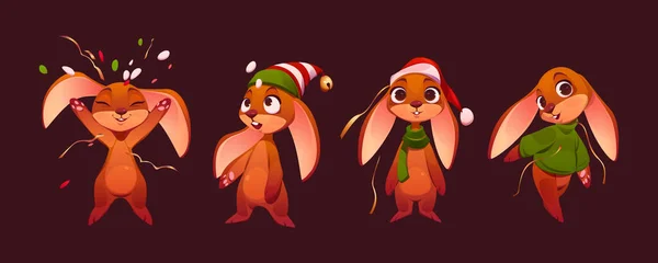 快乐可爱的兔子在圣诞服装与雪和意大利面 头戴帽子 围巾的兔子形象的矢量卡通画 — 图库矢量图片