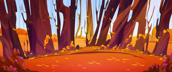 Autumn forest scene with trees and bushes with orange foliage, grass and flowers. Deep woods, garden or park landscape with falling leaves on glade in fall, vector cartoon illustration