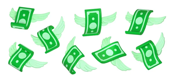 Renderować Latające Banknoty Skrzydłami Pojedynczy Zestaw Pieniędzy Zielone Dolary Białym — Zdjęcie stockowe
