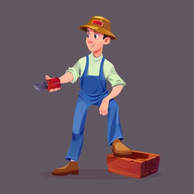 Arka planda izole ahşap sandıklar ve secateurs şapkalı adam bahçıvan. Bahçeyle ilgilenen çiftçi karakteri, budanan bitkiler ve makaslı çalılar, vektör karikatür çizimleri