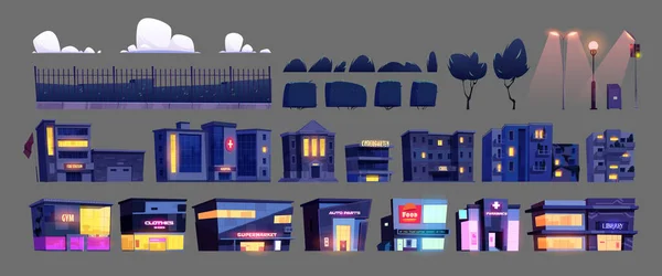 Nachtstadtelemente Straßenbauer Städtebauliche Gestaltungsobjekte Isoliert Gesetzt Cartoon Häuser Ladengebäude Straßenlaternen — Stockvektor
