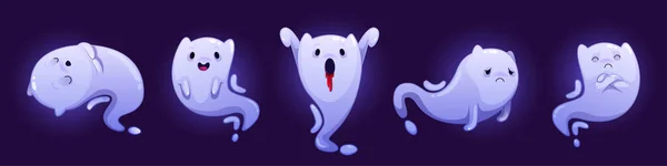 Fantômes Mignons Jeu Personnages Dessins Animés Halloween Drôle Oreille Créature — Image vectorielle