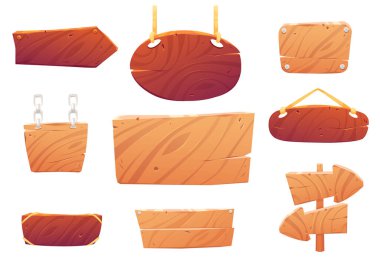 Açık ve kahverengi ahşap levhalar, direkte yol işaretleri, zincir ve ipte oval tahtalar asılı. Beyaz arkaplanda ahşap panolar izole edildi, vektör çizgi film seti