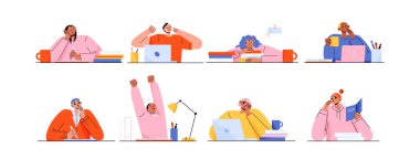 Yorgun ve sıkılmış öğrenciler kendilerini uykulu hissederler. Çeşitli genç karakterler esner ve uyur. Kitaplar, kahve ve dizüstü bilgisayarlarla masada otururlar. Beyaz arka planda izole edilmiş vektör düz çizimler.