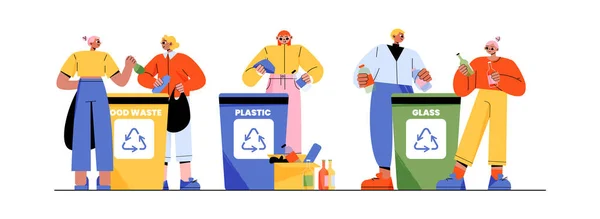 Folk Sorterar Avfall Till Soptunnor För Plast Mat Och Glas — Stock vektor