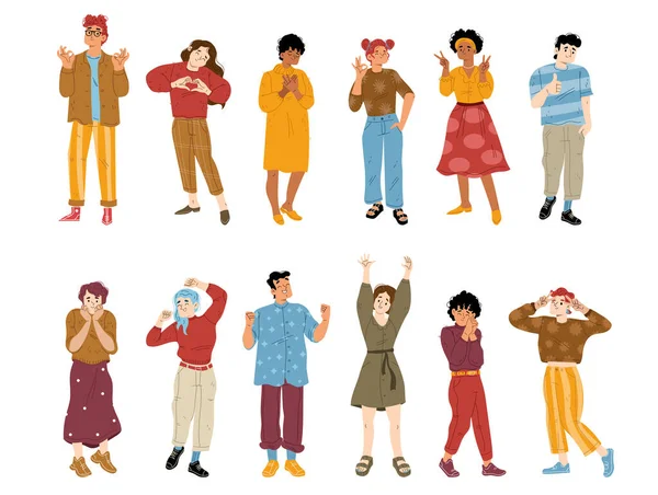 Gelukkige Mensen Met Positieve Emoties Lichaamstaal Diverse Opgewonden Personages Tonen — Stockvector