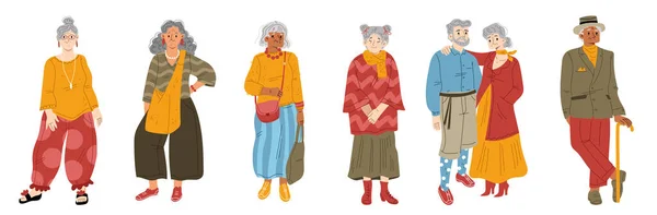 Personas Mayores Modernas Mujeres Adultas Mayores Hombres Con Ropa Moda — Vector de stock