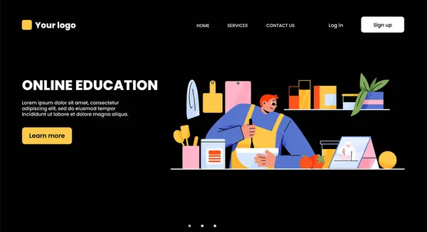 Online Oktatási Banner Ember Tanul Főzés Videó Leckével Webinar Vagy — Stock Vector