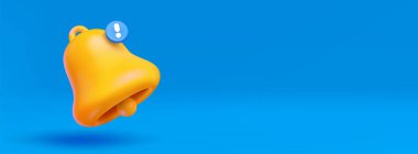 Mavi arka planda altın zili olan uyarı pankartı. Uyarı veya dikkat mesajı için yatay poster 3D sarı el zili ve ünlem işareti, vektör illüstrasyonu