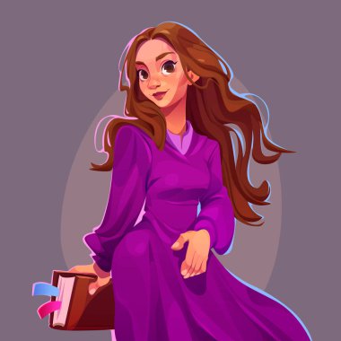 Mor elbiseli çekici kız. Güzel kız öğrenci kitabı. Güzel bir mankenin vektör çizimi, uzun saçlı genç bir kadın. Romantik ve zeki bir kadının portresi