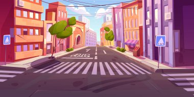 City crossroad, empty transport intersection with zebra crossing, street signs. Urban architecture, road infrastructure, megalopolis with buildings, market stall, trees, Cartoon vector illustration clipart