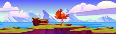 Kayanın tepesindeki yalnız sarı ağaç. Görkemli dağ sırasının karikatür vektör çizimi, mavi göl su yüzeyi, gökyüzündeki bulutlar, sihirli bitki, yeşil adalar. Macera oyunu ui seviye arkaplanı