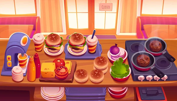 패스트푸드 카페의 위에서 재료와 용품을 수있다 햄버거 프라이팬 일러스트 — 스톡 벡터