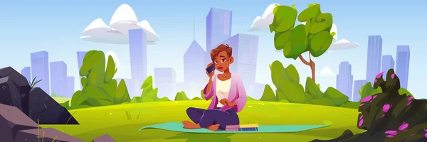 Woman with smartphone relax in city park. Cartoon female character sitting on mat with books speaking by mobile at landscape with city skyline and trees. Outdoor summer recreation, Vector illustration