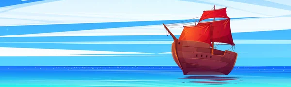 Cartoon Vieux Bateau Bois Avec Voiles Écarlates Flottant Sur Surface — Image vectorielle