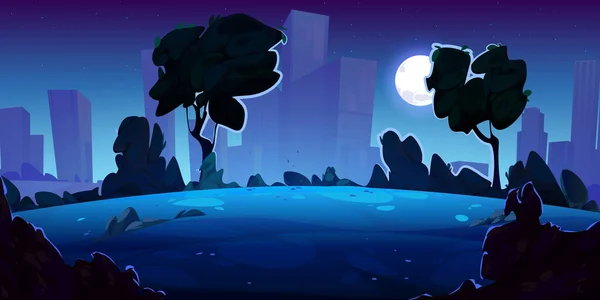 Middernacht Stad Met Maanverlichte Openbare Tuin Cartoon Vector Illustratie Van — Stockvector