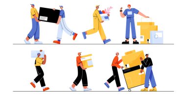 Kutuları taşıyan bir grup servis elemanı. Ofis eşyalarıyla ağır paketler taşıyan genç erkeklerin düz vektör çizimi. Teslimat çalışanları beyaz paketleri izole ediyor.