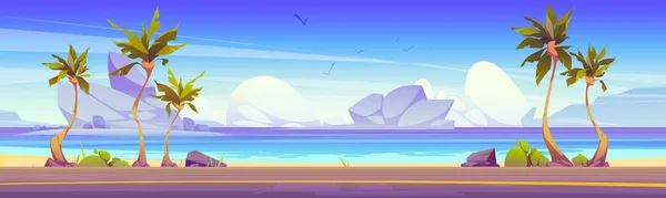 Car road on sea coast with palm trees, islands with mountains in water. Summer tropical landscape of sand ocean beach and asphalt highway, vector cartoon illustration