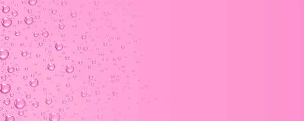 粉色背景与纯清澈的水滴 带有透明雨滴 水冷凝或露水和复制空间的水平横幅模板 矢量真实感说明 — 图库矢量图片