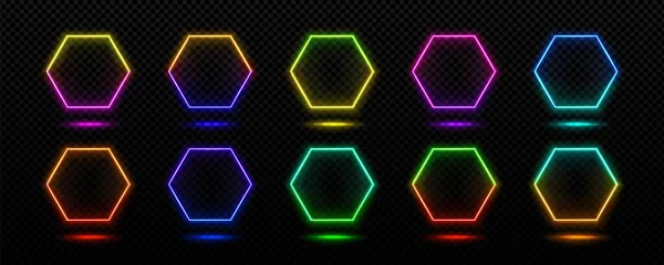 Neonové Rámy Světlé Praporce Šestiúhelníkového Tvaru Abstraktní Elektrické Hranice Zářivým — Stockový vektor