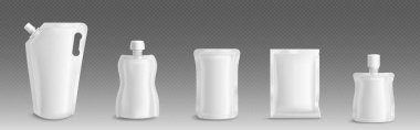 Boş plastik doyma paketleri, sıvı yiyecek için kapaklı beyaz keseler, kozmetik ve deterjan. Şeffaf arkaplanda izole edilmiş 3d esnek doy paketinin gerçekçi vektör modellemesi