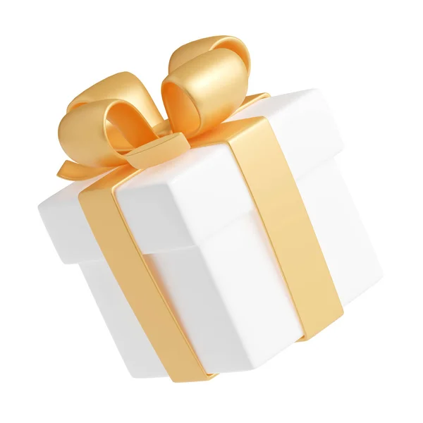 3D渲染金丝带礼品盒 孤立的封闭包装 白色背景上有油腻光滑的蝴蝶结 节日惊喜 生日礼物 圣诞节 现实的图景 — 图库照片
