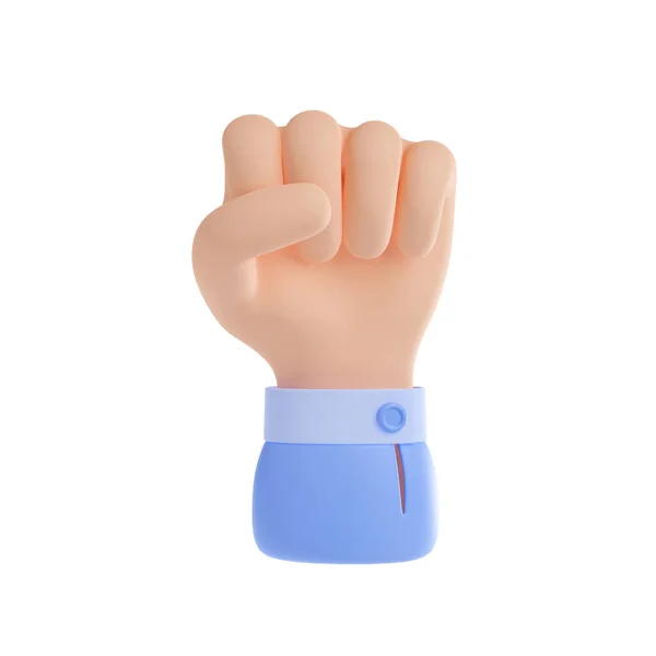 白地に隔離された人間の手拳の3Dイラスト 力強いビジネスキャラクターが腕を上げ 強さのジェスチャーを示す 戦いや抗議 決定への支援の象徴 — ストック写真