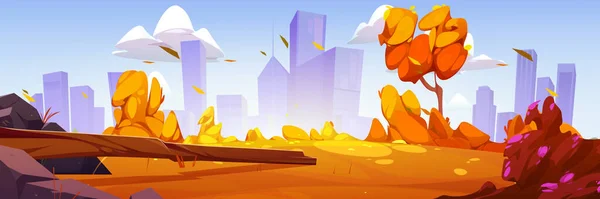 Autumn park or country landscape with orange grass, log, stones and modern city on skyline. Nature scene of lawn with bushes and flowers, trees in fall, vector cartoon illustration