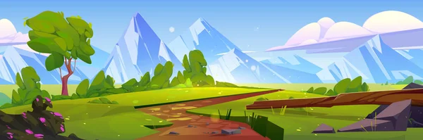 Мультфильм Природа Горный Пейзаж Сельской Грунтовой Дороге Идущей Вдоль Зеленого — стоковый вектор
